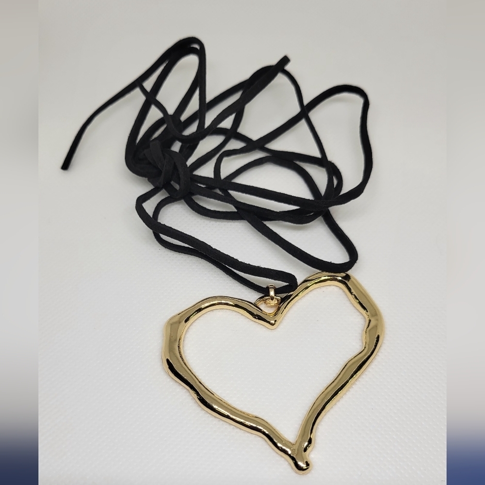 Gold Tone 2.5" Heart Necklace 56" Suede